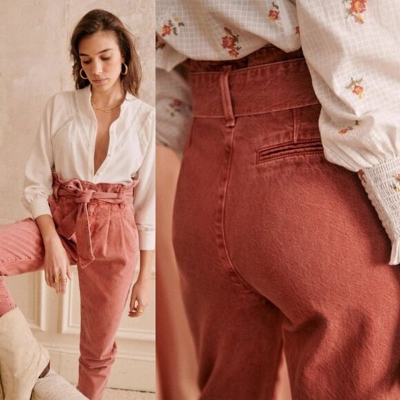 Sezane High Rise Paperbag Waist Pants Size 38 French US Size 6 Jade Green Boho - Picture 16 of 16